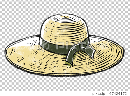 つば広の麦わら帽子 版画風のイラスト素材